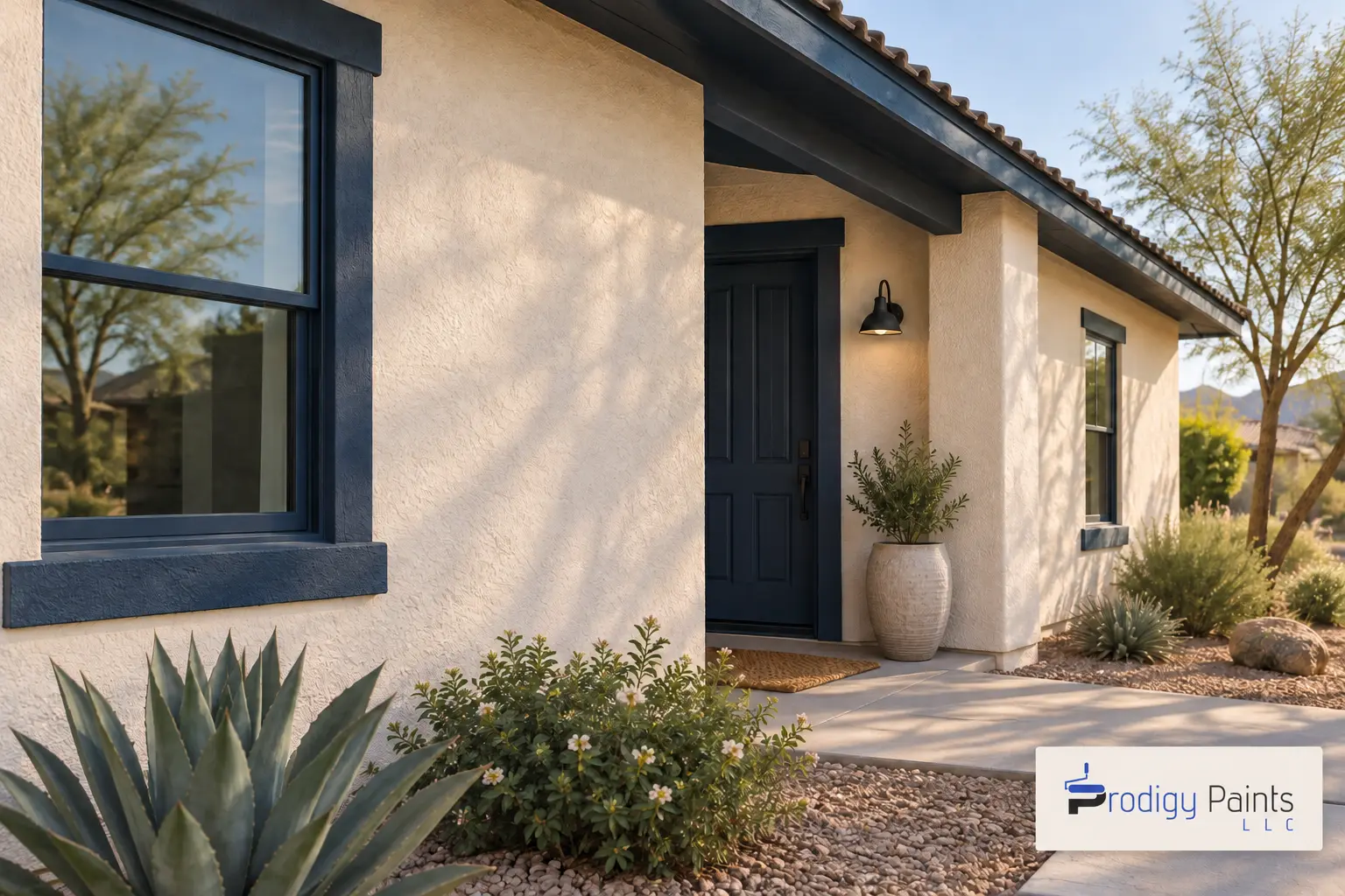 Arizona home exterior with warm ivory stucco and navy trim in early morning light
