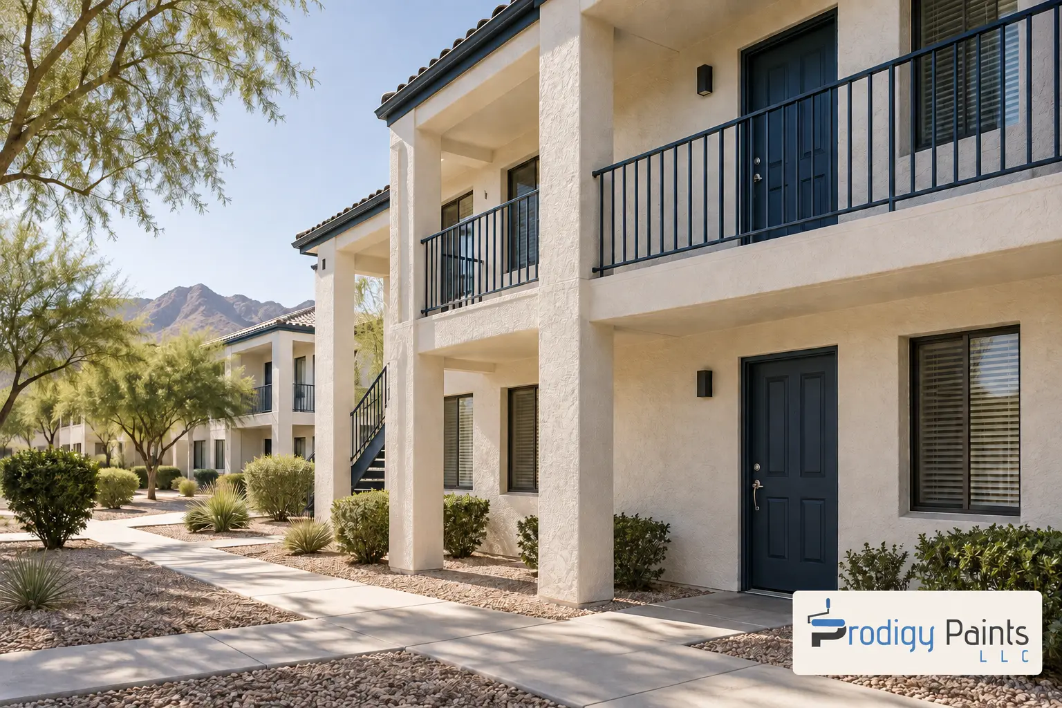 Well-kept two-story Arizona apartment complex with freshly painted cream stucco and navy doors