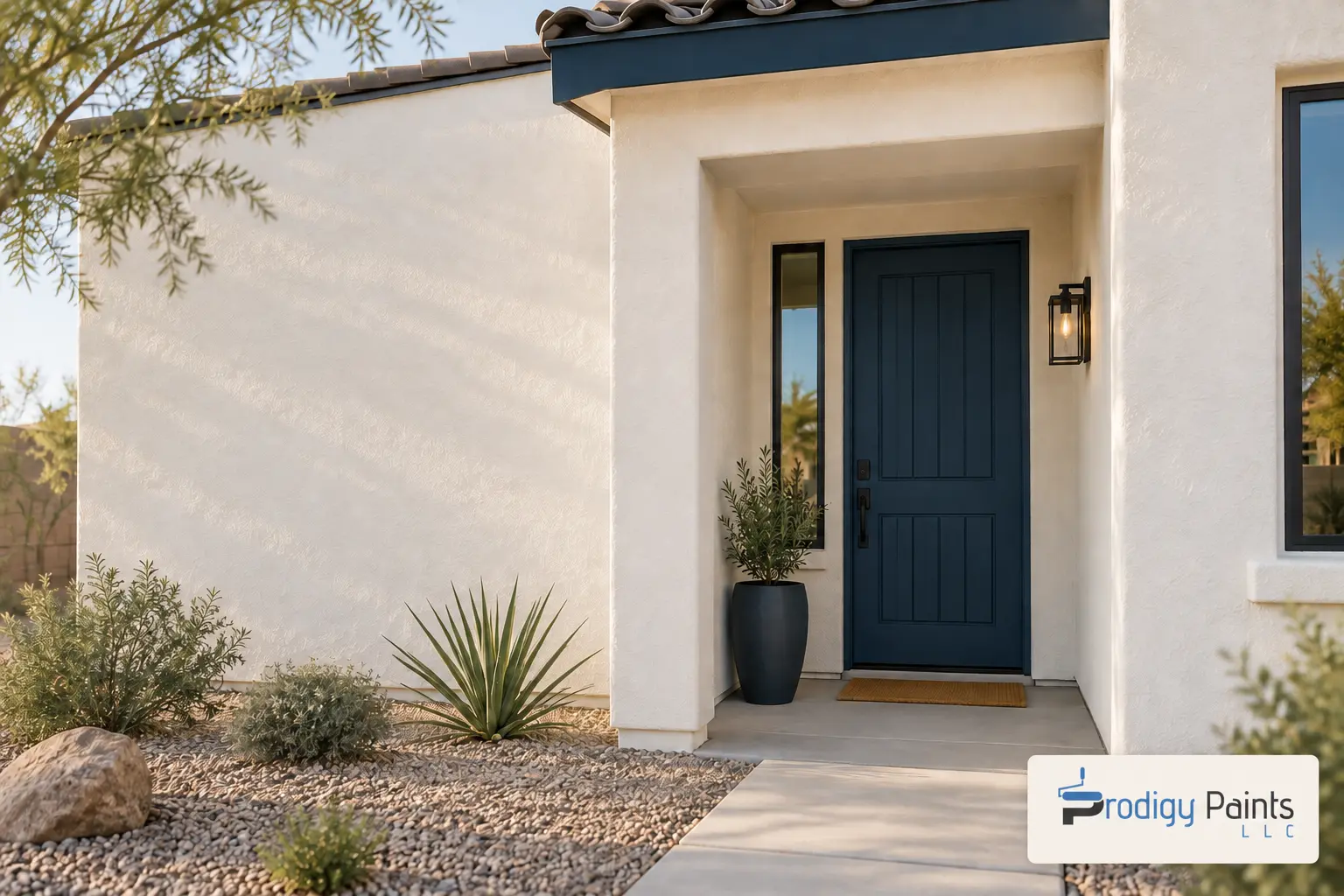 Freshly repainted Arizona rental house with warm white stucco and a navy front door