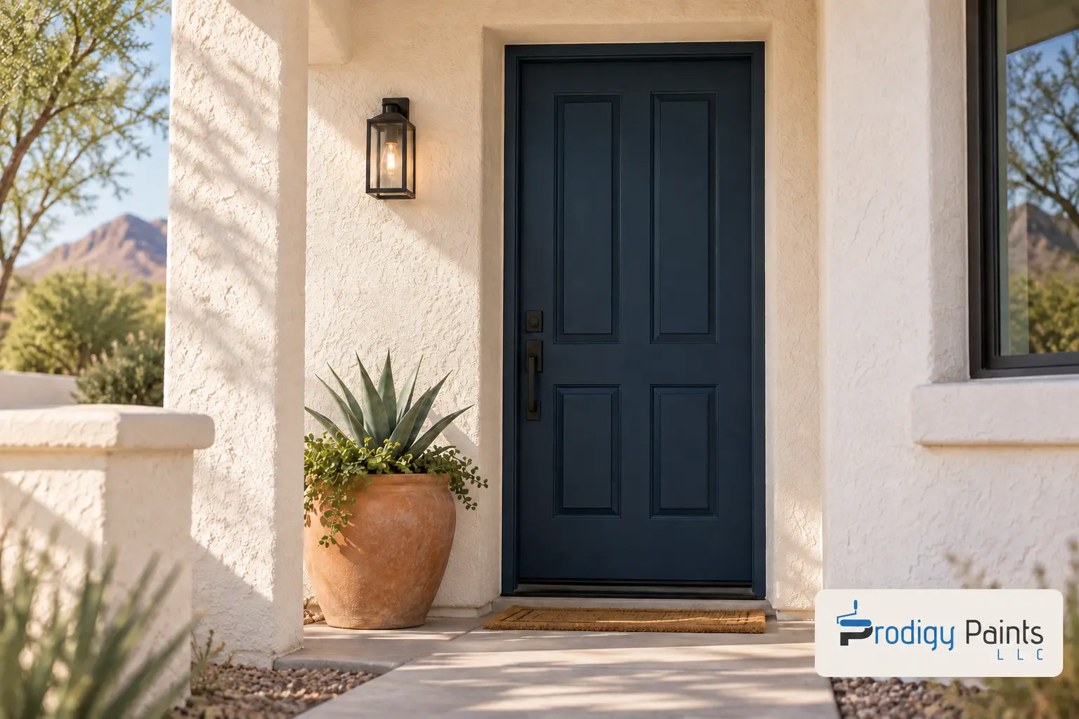 Arizona stucco home entry with freshly painted ivory walls and a navy front door