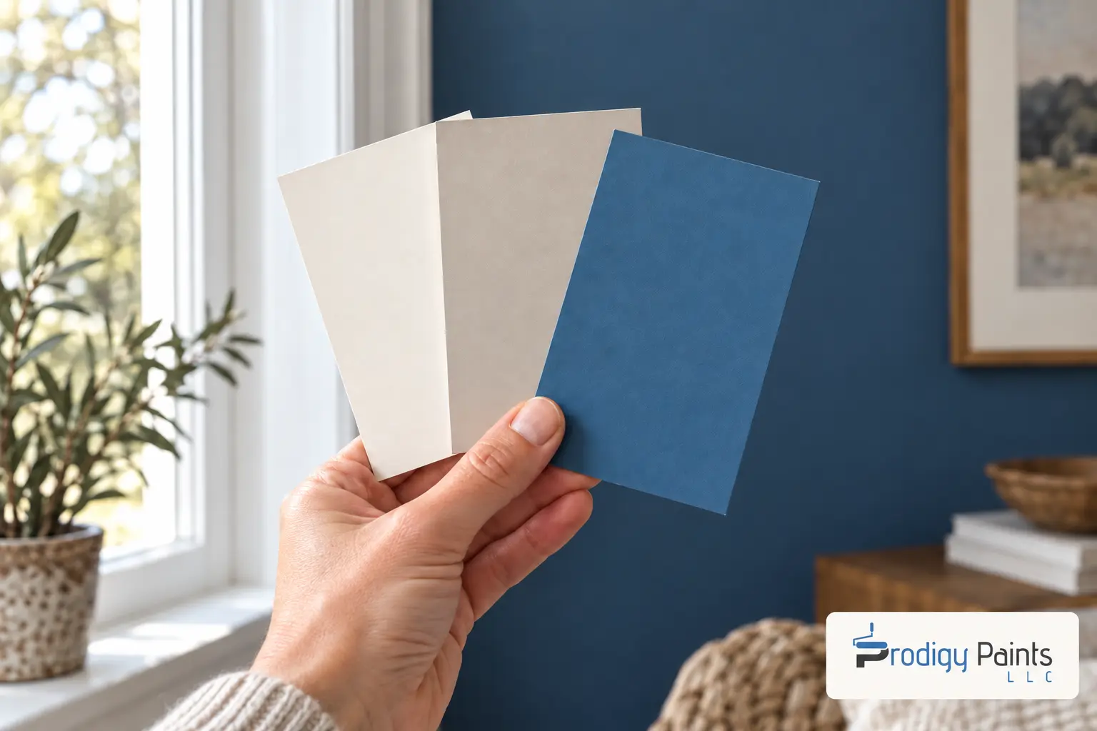 Hand holding three paint sample cards against an interior wall beside a window