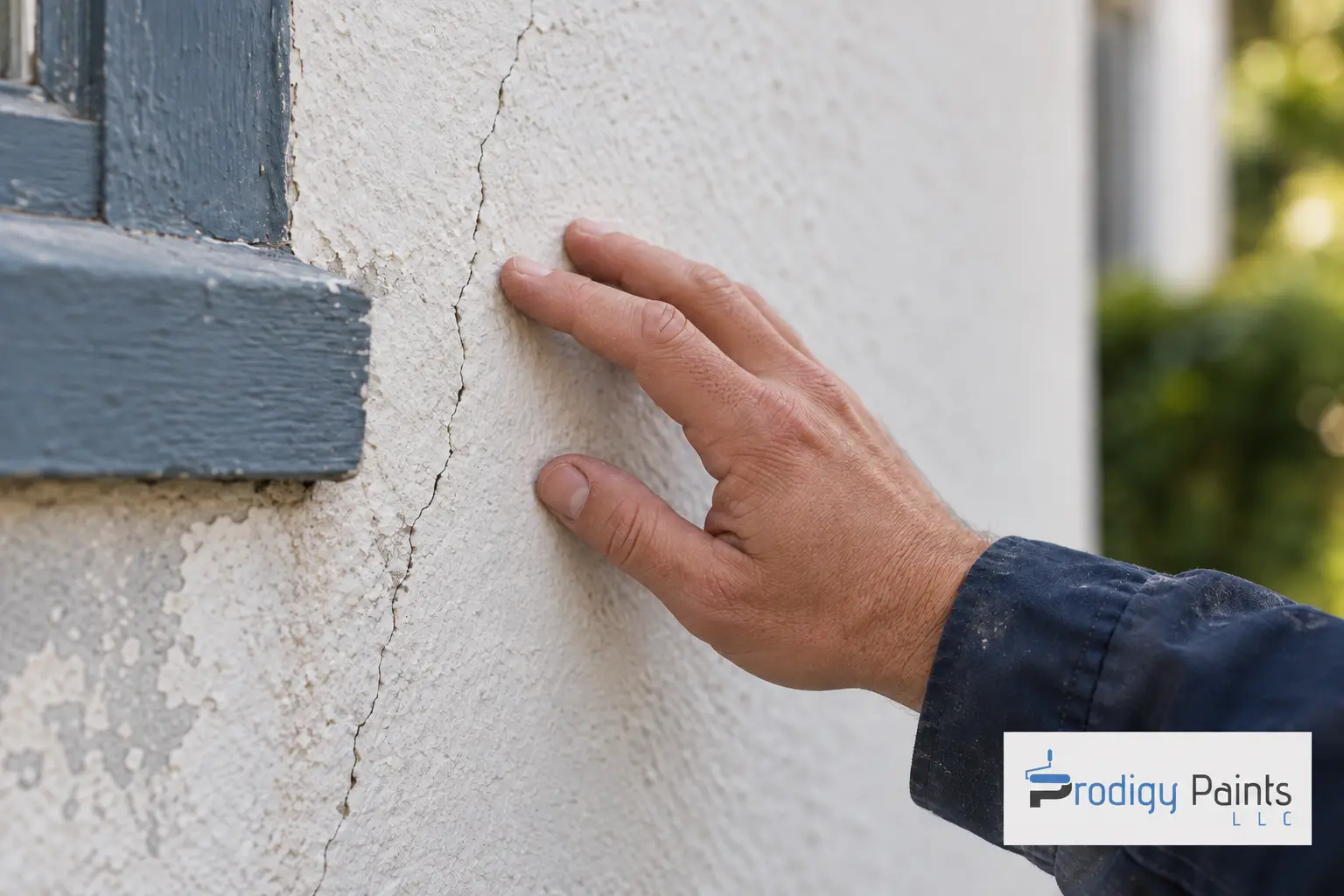 Hand resting near a hairline crack in weathered exterior stucco