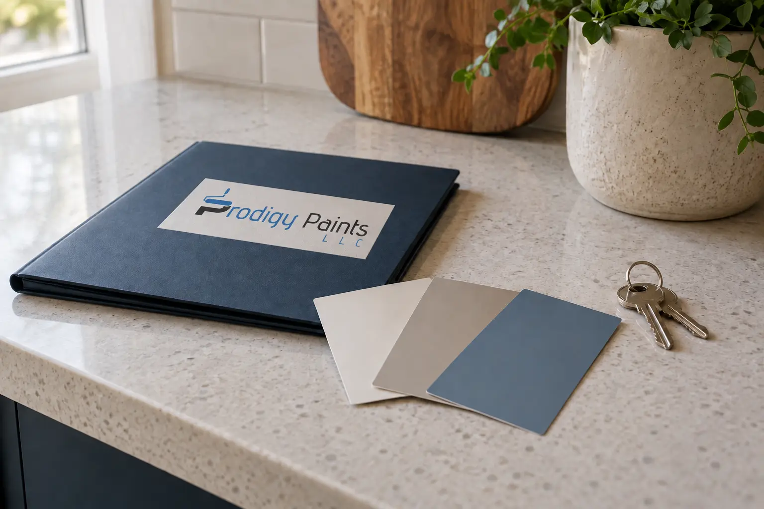 Navy project folder, paint samples, tape measure and house keys on a kitchen counter