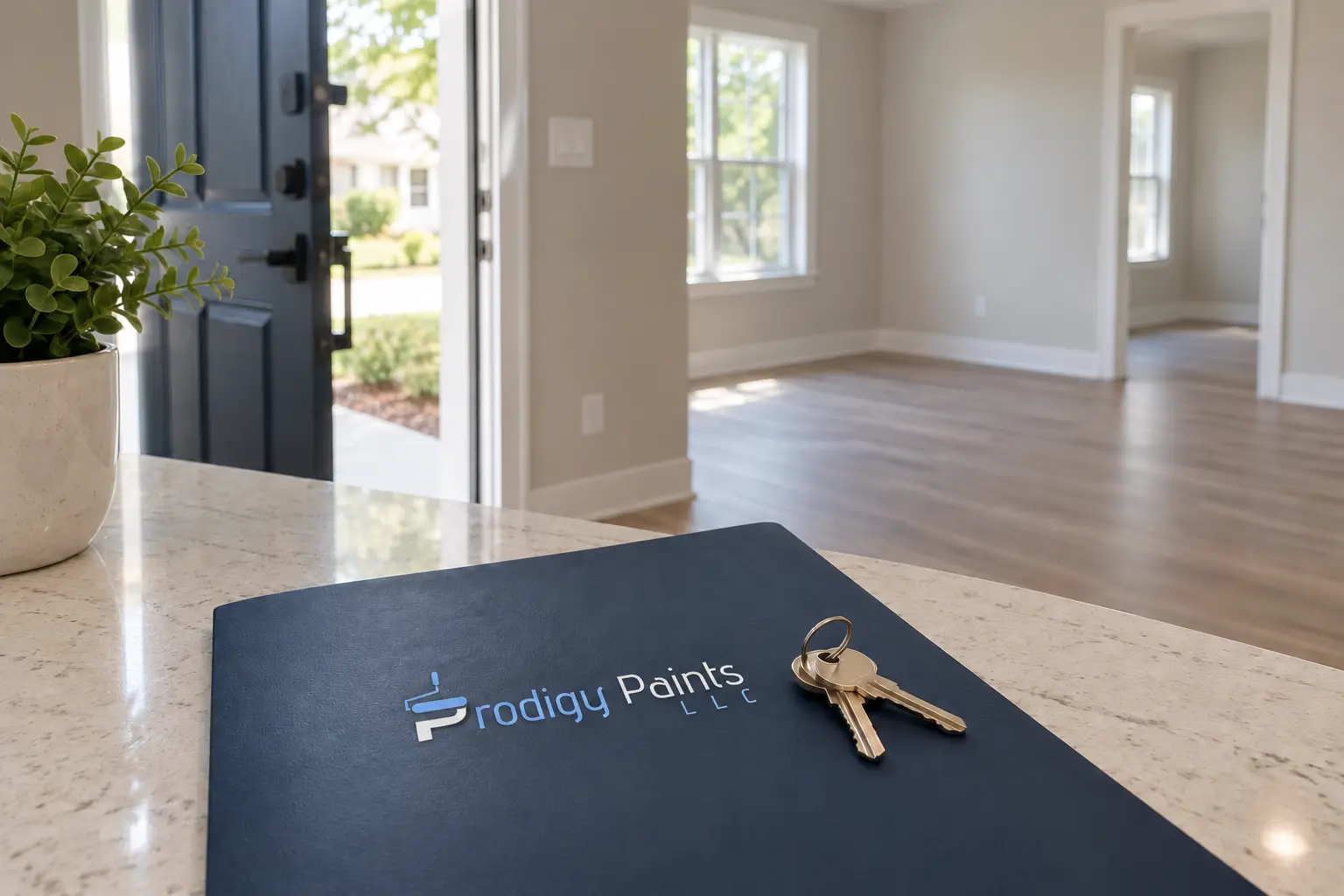 Open front door into a freshly finished empty rental unit with keys on a navy folder