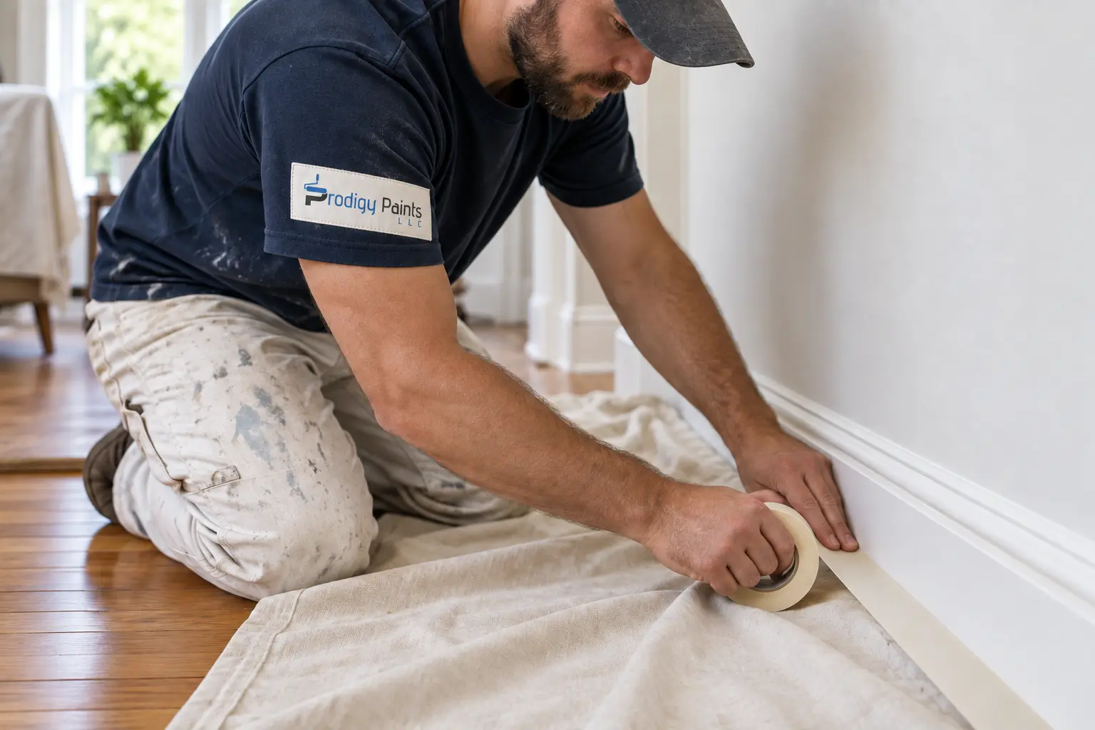 Painter protecting wood flooring with a canvas drop cloth and masking tape along the baseboard