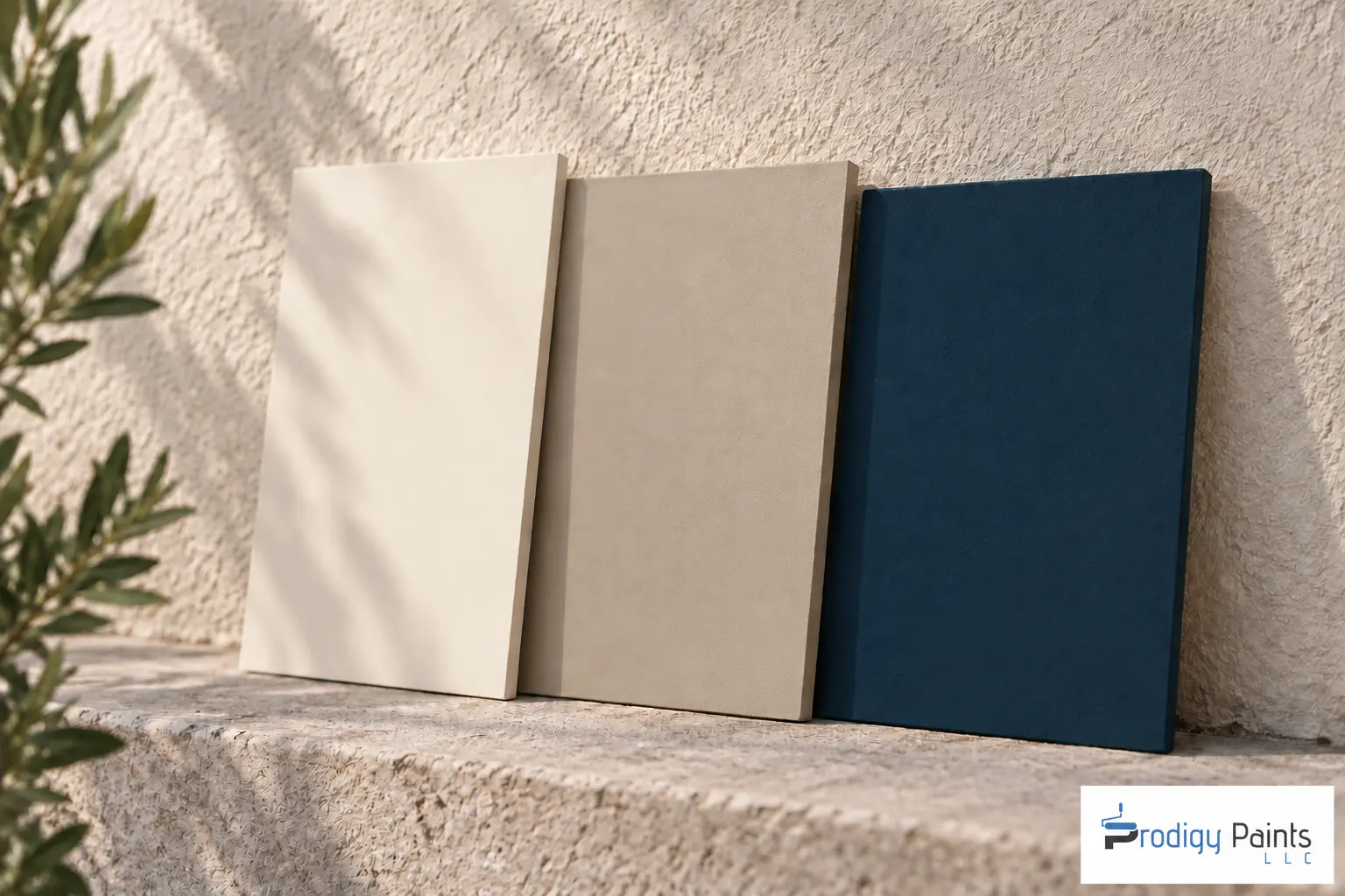 Three paint sample boards — ivory, taupe and navy — leaning against a stucco wall