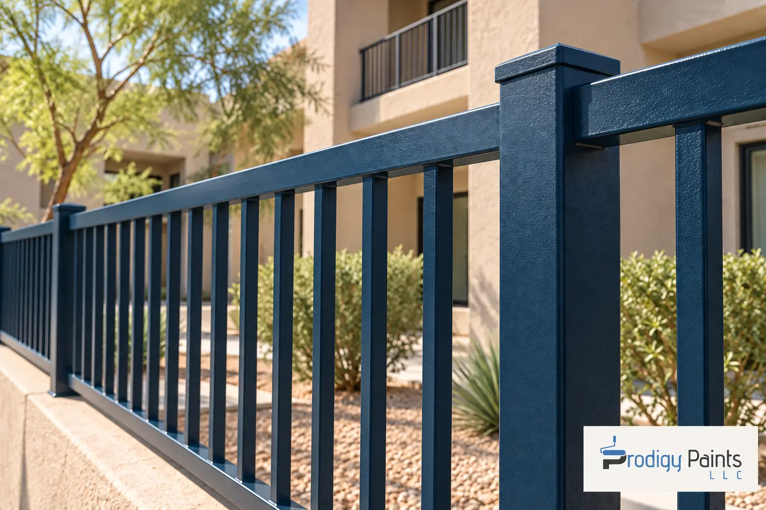 Freshly painted navy metal fence around an apartment courtyard