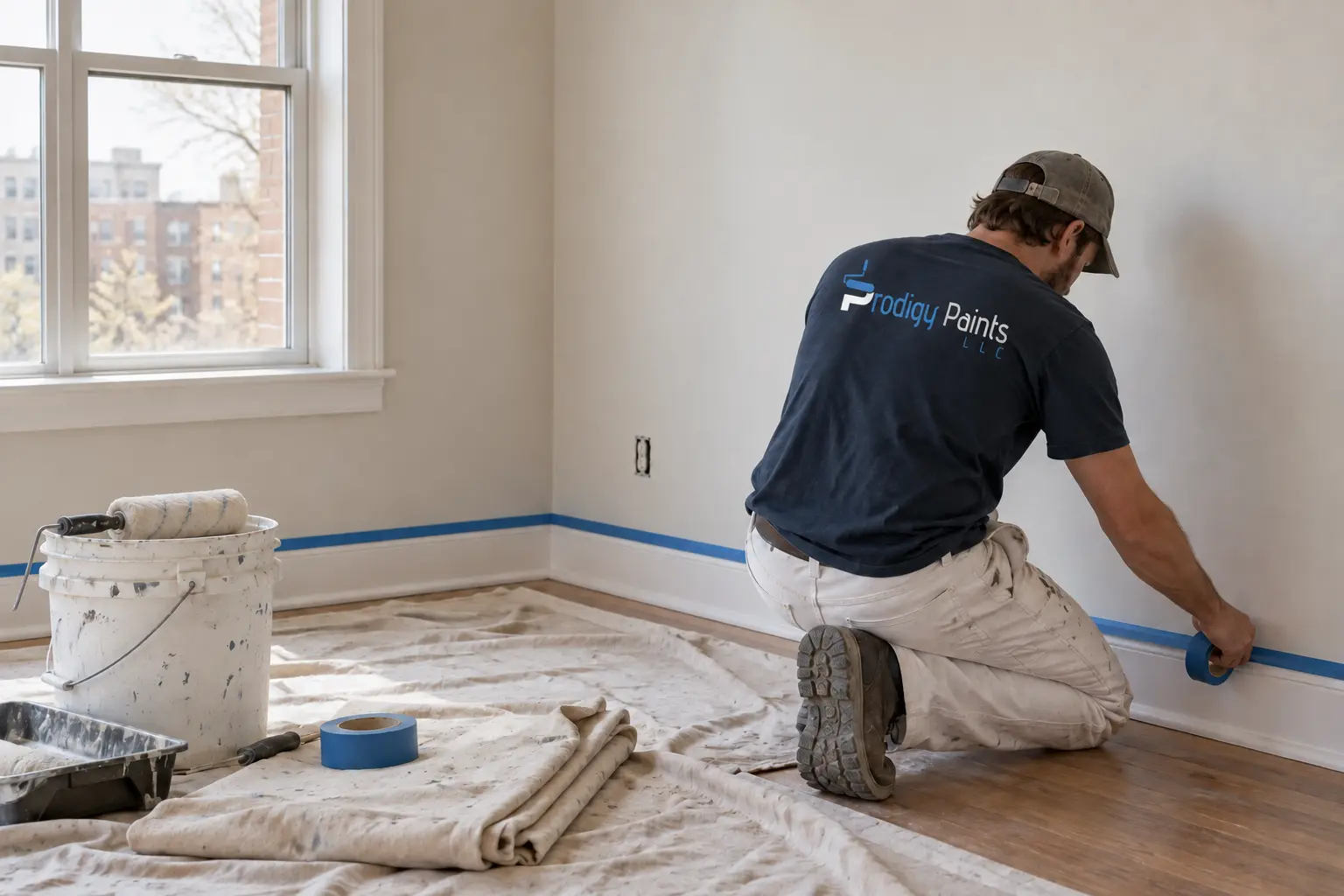 Painter masking baseboards in a vacant apartment before repainting
