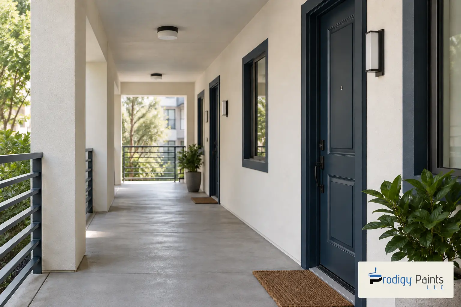 Clean apartment breezeway with repainted neutral walls and navy door frames