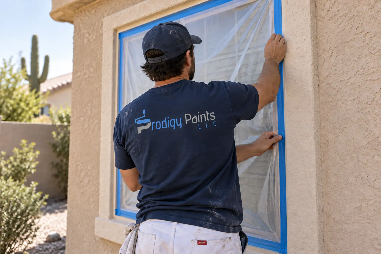 Painter masking an exterior window with film before a repaint