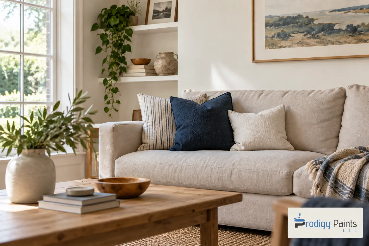 Finished family living room with warm-white walls and an oatmeal sofa in window light