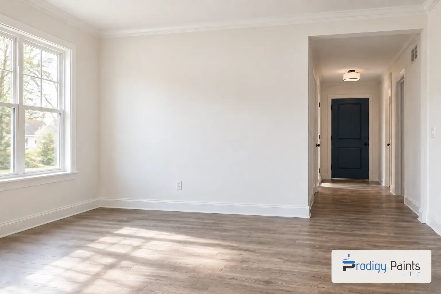 Finished empty rental living room with clean warm-white walls and a navy door down the hall
